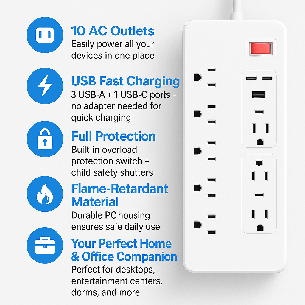 10-Outlet Power Strip with 3 USB-A and 1 USB-C Ports, Surge Protector, Extension Cord for Home and Office, Multi Plug Socket with Overload Protection (2360001202) - Image 5