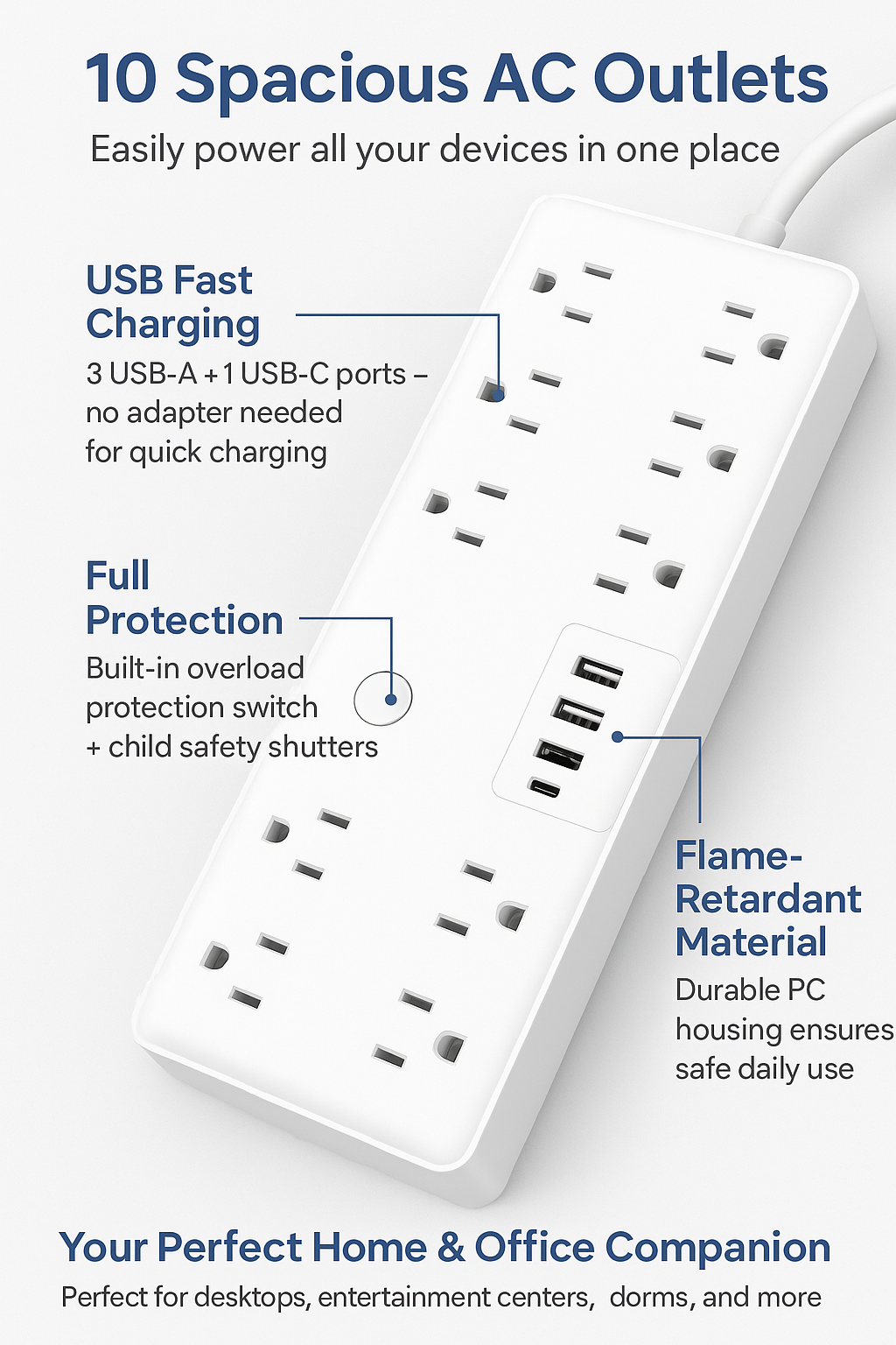 10-Outlet Power Strip with 3 USB-A and 1 USB-C Ports, Surge Protector, Extension Cord for Home and Office, Multi Plug Socket with Overload Protection (2360001201) - Image 3